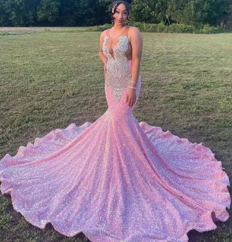 off-the-shoulder dressSparkly Pink Prom Dress 2024 Sexy Mermaid Luxury Silver Diamond Black Girls Sequined Evening Gowns Robe De Soiree