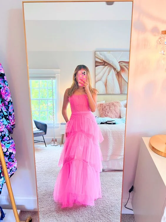 Instant Discount evening dressSpaghetti Straps Hot Pink Senior Tulle Prom Dress Y6985