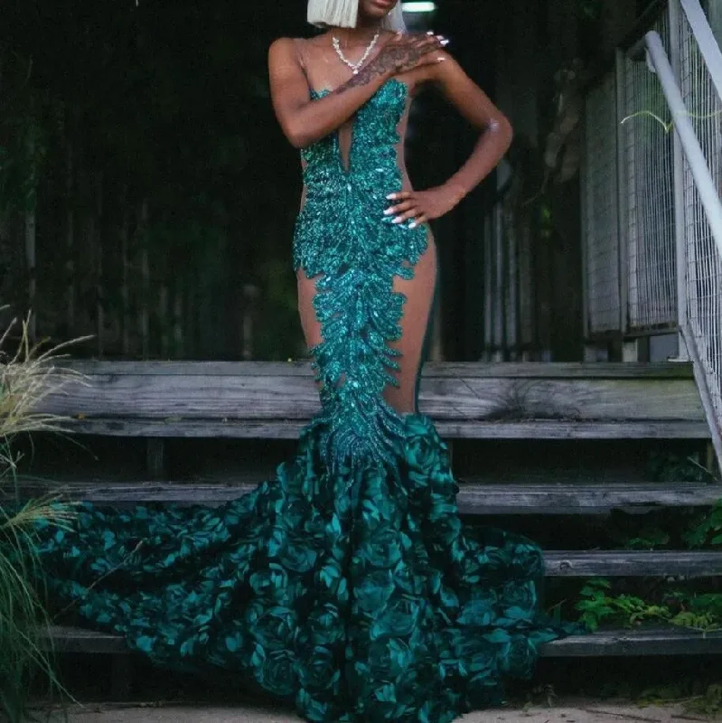 Daily Specials draped dressEmerald Green Sparkly Mermaid Prom Dresses For Black Girl Sheer Mesh Gillter Crystal Rose Floral Evening Ceremony Gown