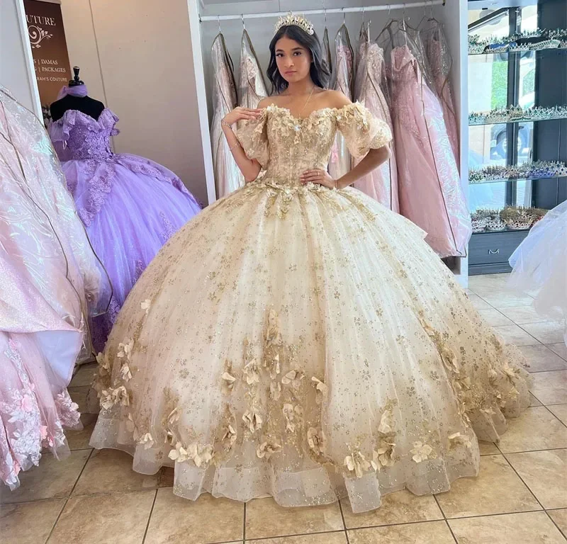 classic fit-and-flare dressChampagne Quinceanera Dresses Ball Gown Off The Shoulder Sparkly Floral Sweet 16 Dresses 15 Años Mexican