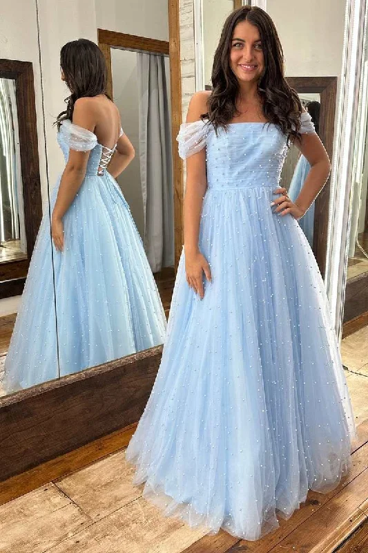 form-fitting dressLight Blue Tulle Pearls Off-the-Shoulder Lace-Up A-Line Prom Gown