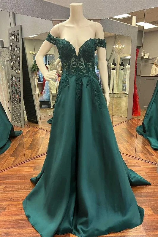 wrap dressHunter Green Lace Off-the-Shoulder A-Line Long Prom Dress