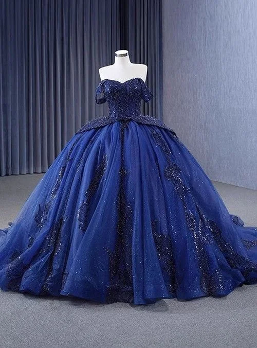 v-neck dressLuxurious Off The Shoulder Sequins Beaded Tulle Ball Gown Navy Blue Birthday Prom Dress Y7681