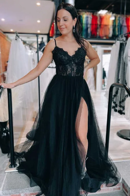 pleated dressBlack Tulle Lace Lace-Up Back A-Line Prom Dress with Slit