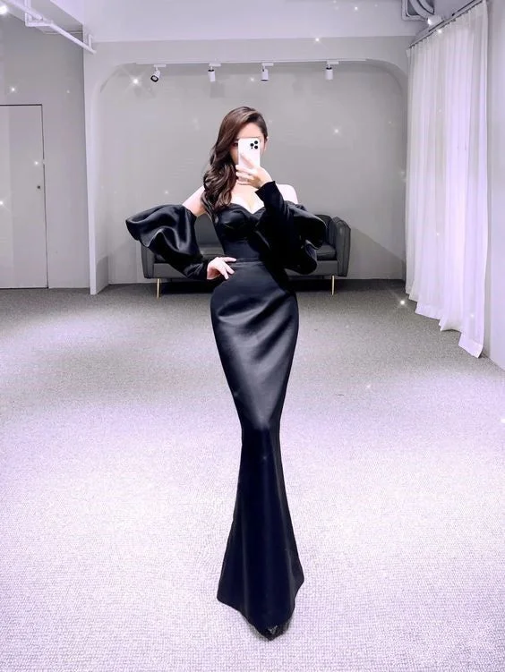 Early Access wool dressSimple Mermaid Black Prom Dress Satin Long Evening Dress Y6416
