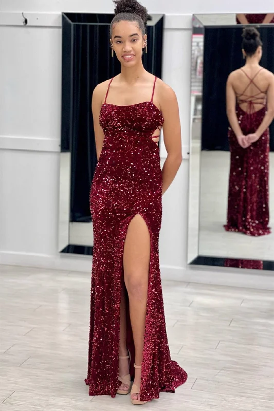 casual dressBurgundy Mermaid Lace-Up Back Sequins Long Prom Dress with Slit