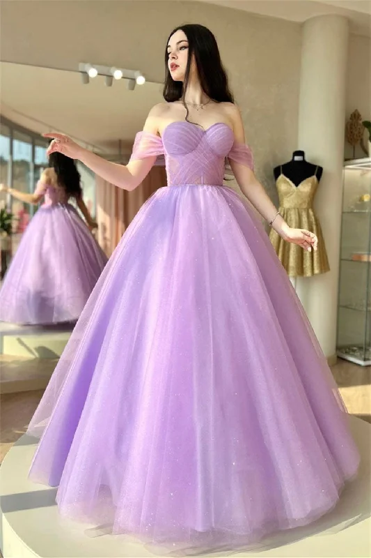 structured dressLilac Off-the-Shoulder Lace-Up Tulle Long Prom Dress