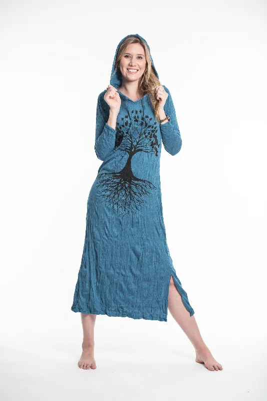 Hurry In Womens Tree of Life Long Hoodie Dress in Denim Blue