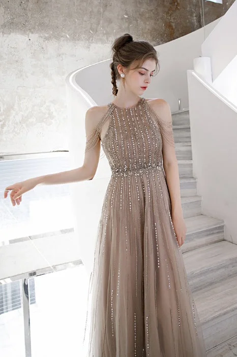 Low Prices casual midi dressGorgeous Crew Neck Beaded Taupe Long Prom Dress