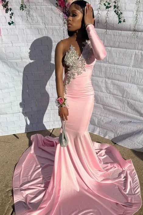 Limited Availability bohemian dressPink One Sleeves Mermaid Prom Dress Waist-Skimming With Appliques Limited Availability bohemian dressPink One Sleeves Mermaid Prom Dress Waist-Skimming With Appliques