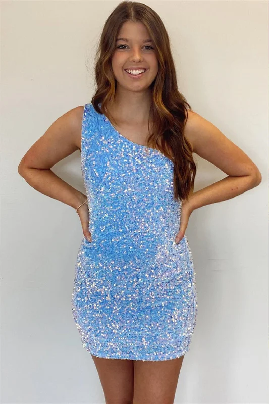 spaghetti strap dressLight Blue One Shoulder Sequins Sheath Homecoming Dress