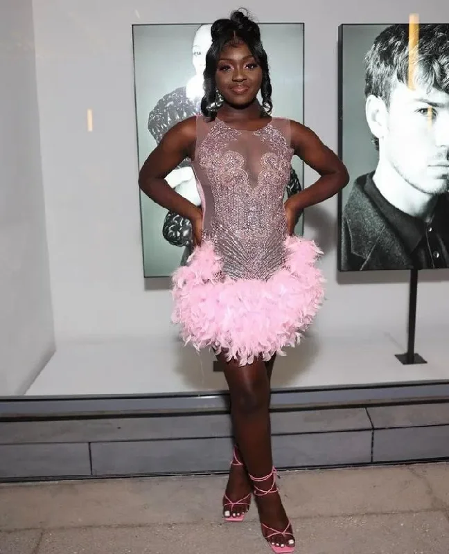 t-shirt dressPink Short Prom Homecoming Dress for Black Girl Sparkly Crystal Feather Sheer Mesh Birthday Celebrity Gown kleider damen