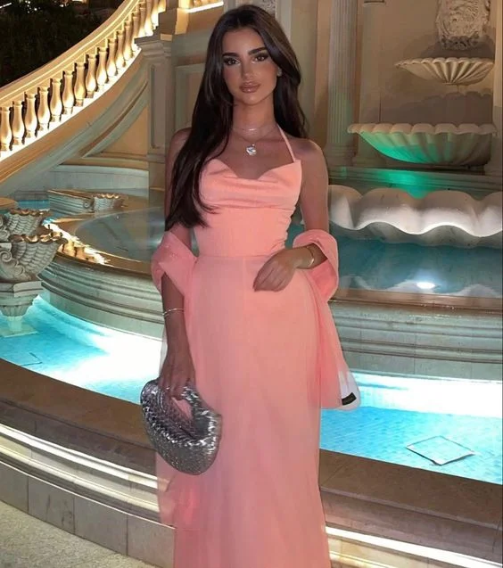 fitted dressSexy Halter Sleeveless Pink Long Prom Dress Party Evening Dress Y7523