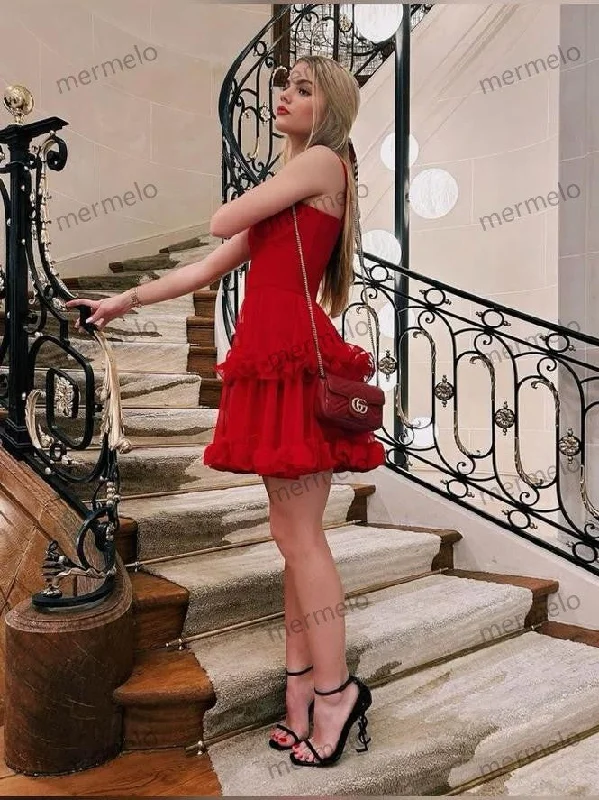 puff sleeve dressRed Party Dress Short Prom Dress Birthday Dress