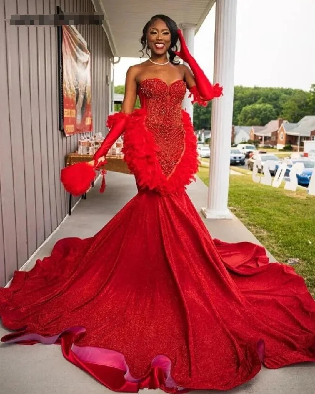 Lowest Price puff sleeve dressRed Luxury African Shinny Prom Dress For Black Girl With Glove Feathers Diamond Crystal Gillter Skirt Evening Formal Gown Lowest Price puff sleeve dressRed Luxury African Shinny Prom Dress For Black Girl With Glove Feathers Diamond Crystal Gillter Skirt Evening Formal Gown
