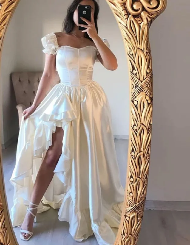 A-line dressA-line Prom Dresses Short Sleeves Sweetheart Ruffles Evening Party Gowns Long Satin Princess Homecoming Dress