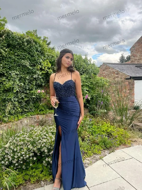 draped dressNavy Blue Long Prom Dress with Slit Elegant Evening Party Dress