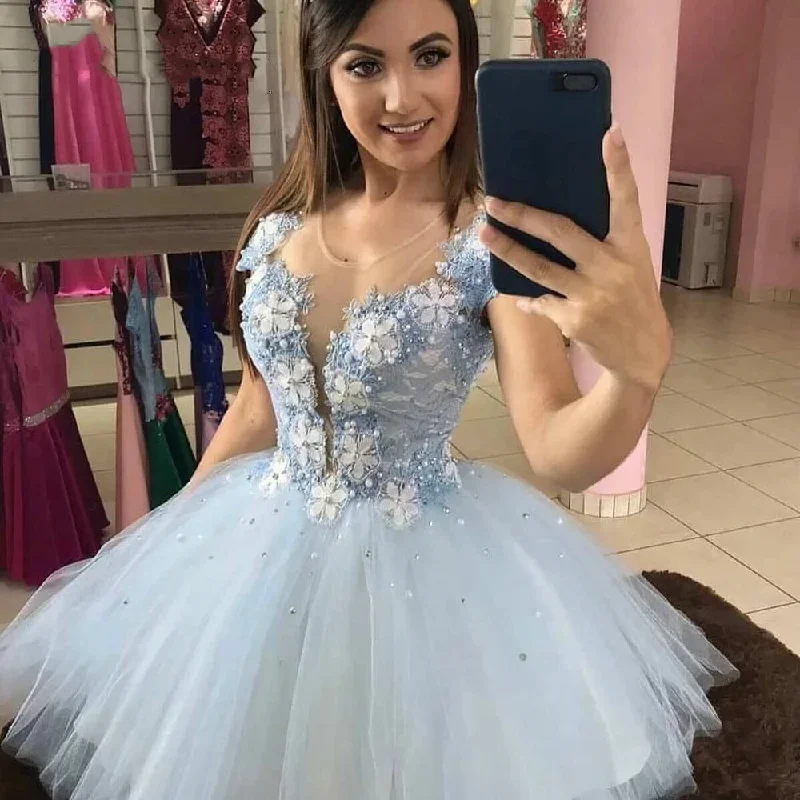 elegant dressLight Blue A Line Short Homecoming Dresses Tulle Appliques Mini Graudation Cocktail Formal Prom Party Gown