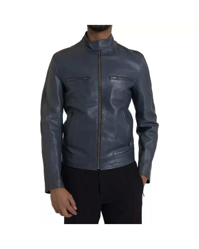 Discount Mania classic zip-up coatDolce & Gabbana  Men's Blue Leather Biker Jacket