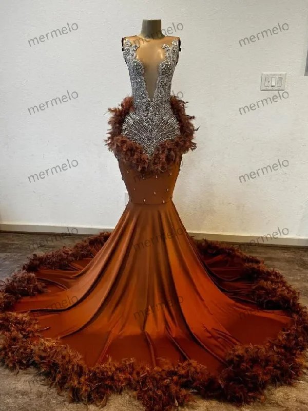 A-line dressBrown Long Mermaid Prom Dresses for Black Girl Sparkly Luxury Diamond Crystal Feather African Evening Birthday Gala Gown