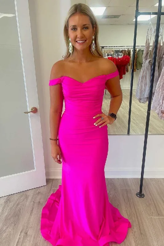 office dressElegant Neon Pink Off-the-Shoulder Mermaid Long Formal Gown