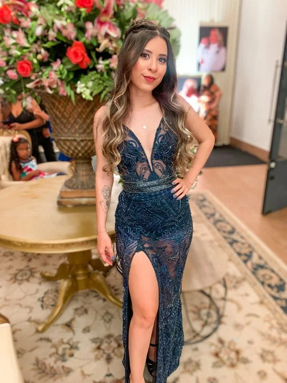 Super Sale flowy dressSexy Sheath V Neck Prom Dress With Split,Glam Dress Y7077