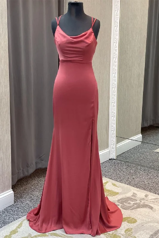 backless dressMauve Mermaid Cowl Neck Straps Long Prom Dress