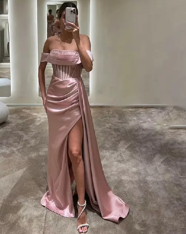 wrap dressElegant Pink Party Dress Stain Strapless Prom Dress Off The Shoulder Pleat Special Occasion Dress with Split