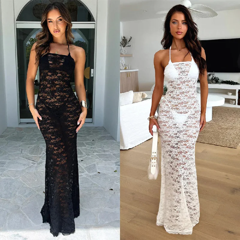 Holiday Sale pleated dressLace Tube Top Dress Sexy See-through Slim Sleeveless