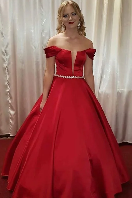 Discount Deals casual summer dressPrincess Off Shoulder Beaded A-Line Red Long Prom Dress