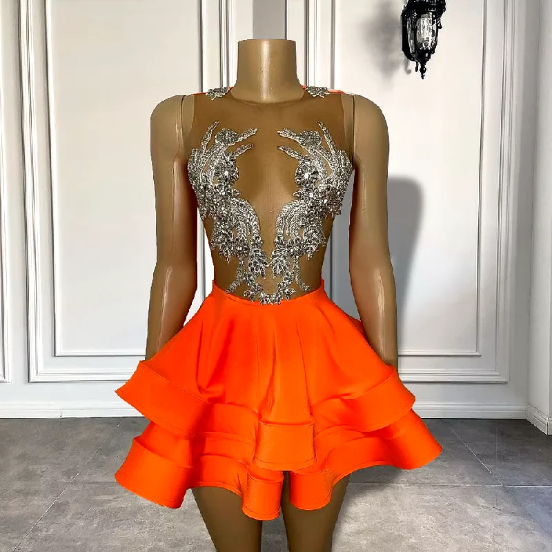 trendy mini dressSexy See Through Women Birthday Party Gowns Sparkly Silver Crystals Orange Black Girls Orange Short Mini Prom Dresses 2024