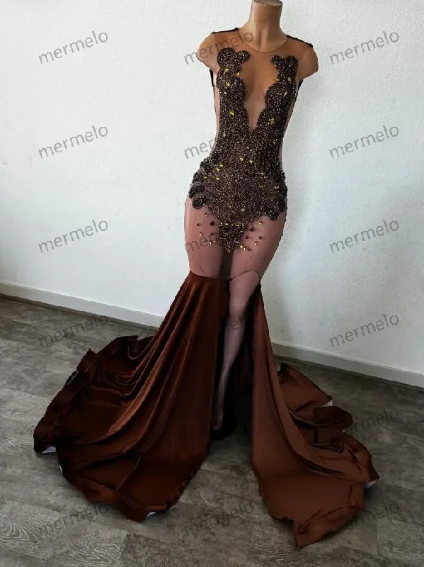 vintage dressBrown Chocolate Long Trumpet Evening Birthday Gala Dresses for Black Girl Luxury Diamond Crystal Slit Prom Reception Gown