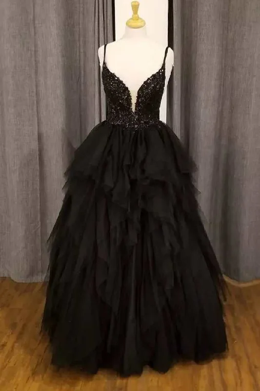 casual day dressBlack Tulle Floral Lace Straps Tiered A-Line Prom Gown