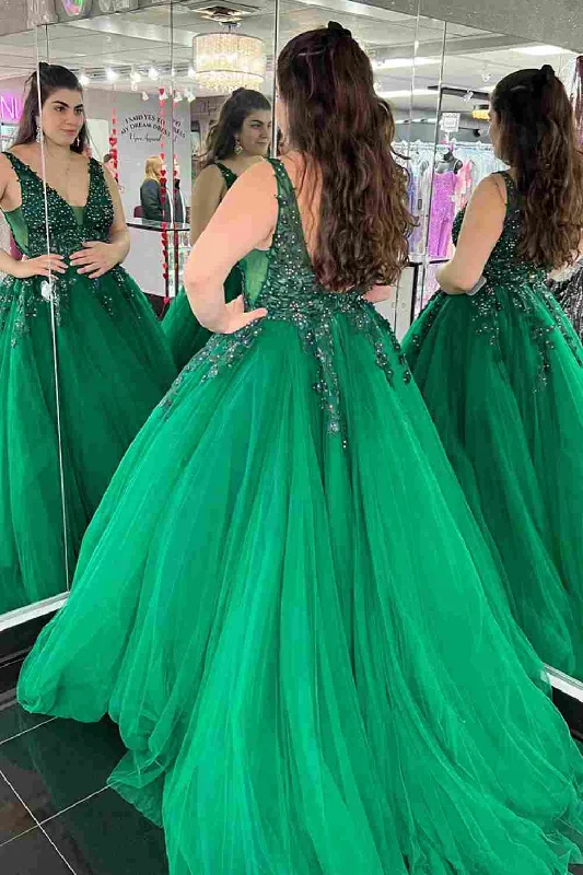 midi dressHunter Green A-line V Neck Beaded Applique Tulle Long Prom Dress