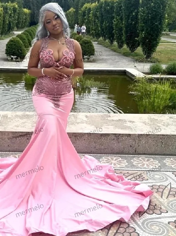 velvet dressLuxury Glitter Pink Mermaid Prom Dress For Black Girls Silver Crystal