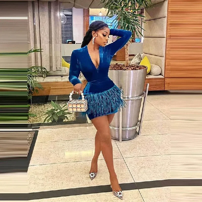 Bargain Prices flowy maxi dressFeathers Mini Mermaid Prom Dresses With Deep V Nexk Sexy Long Sleeves Girls Cocktail Party Dress Black Girls robes de soirée