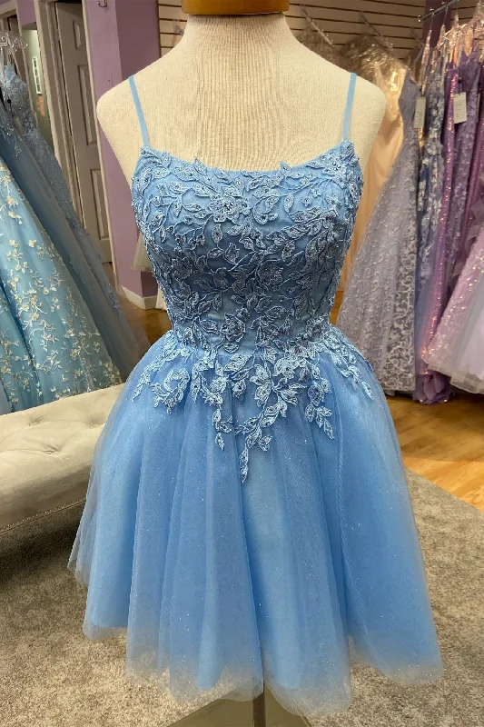 wool dressLight Blue Appliques Straps Tulle Homecoming Dress