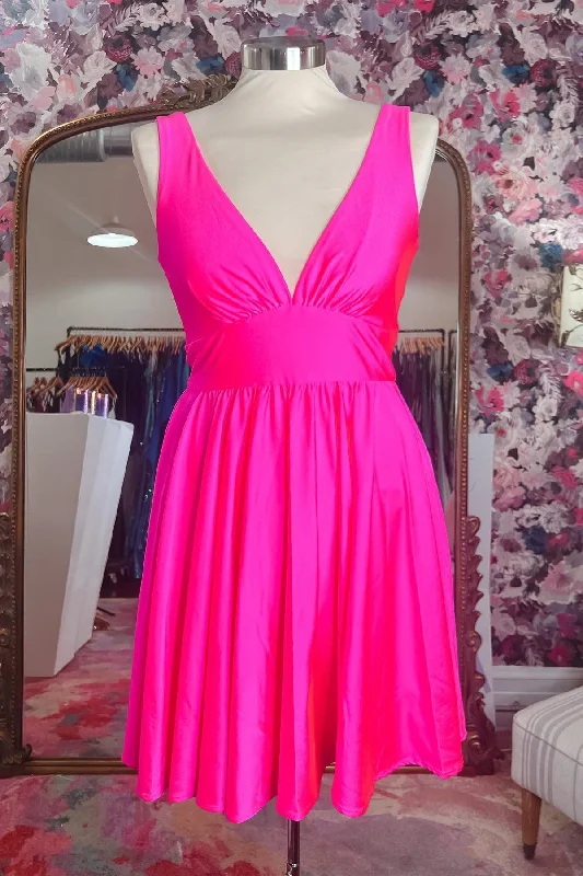 ashionable dressHot Pink Deep V Neck A-line Satin Homecoming Dress