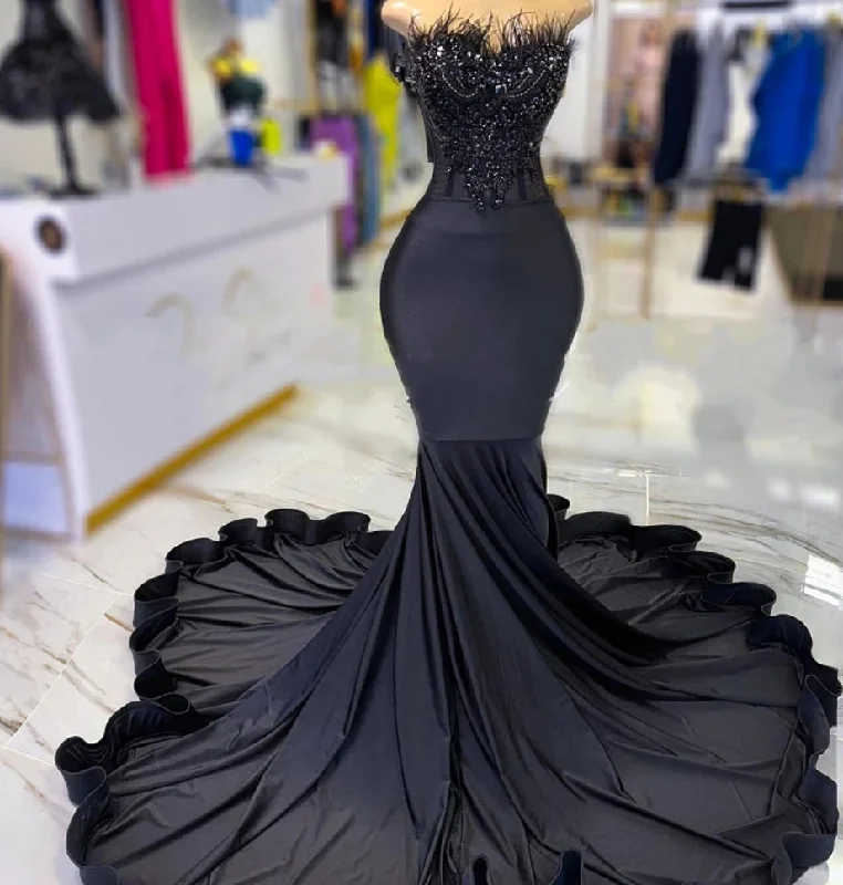 Major Savings flowy evening dressElegant Strapless Long Prom Dress For Black Girls Beaded Crystal Birthday Party Dresses Feathers Evening Gowns Mermaid Lace
