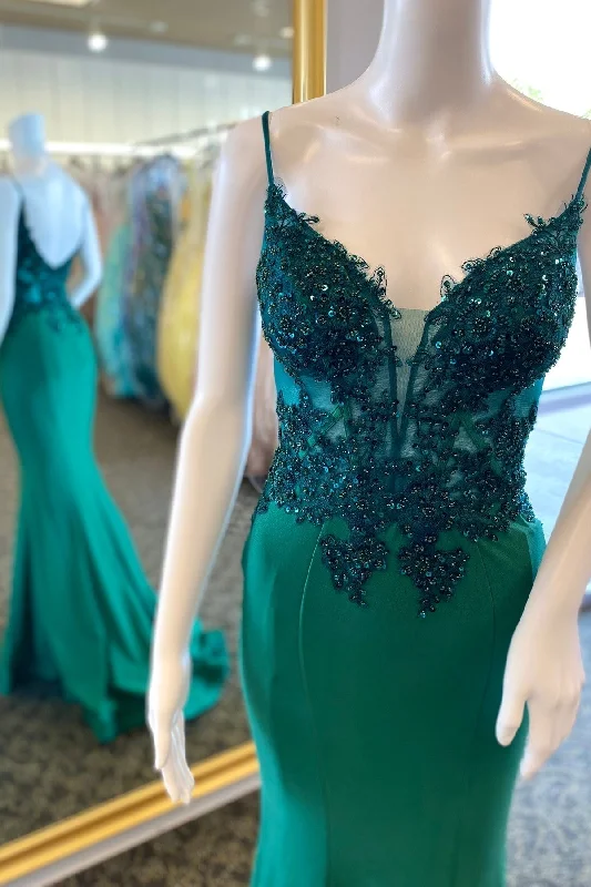 flowy dressStraps Green Appliques Mermaid Long Formal Dress