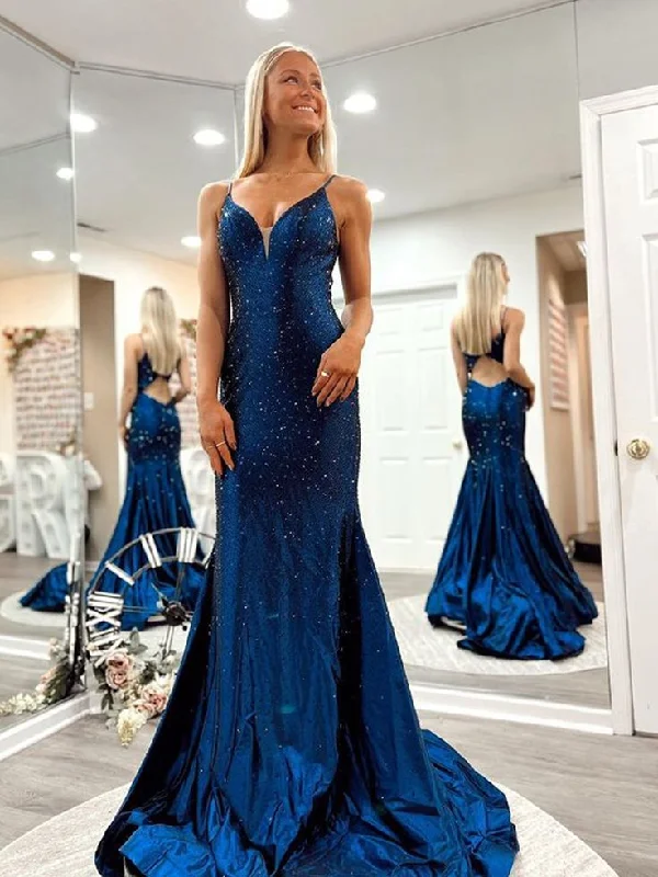 Super Bargain winter dressSparkly Mermaid V Neck Long Prom Dress Y6759