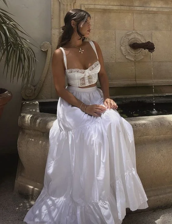 Deal Zone casual slip dressElegant Two Piece White Prom Dress,White Formal Gown Y7038