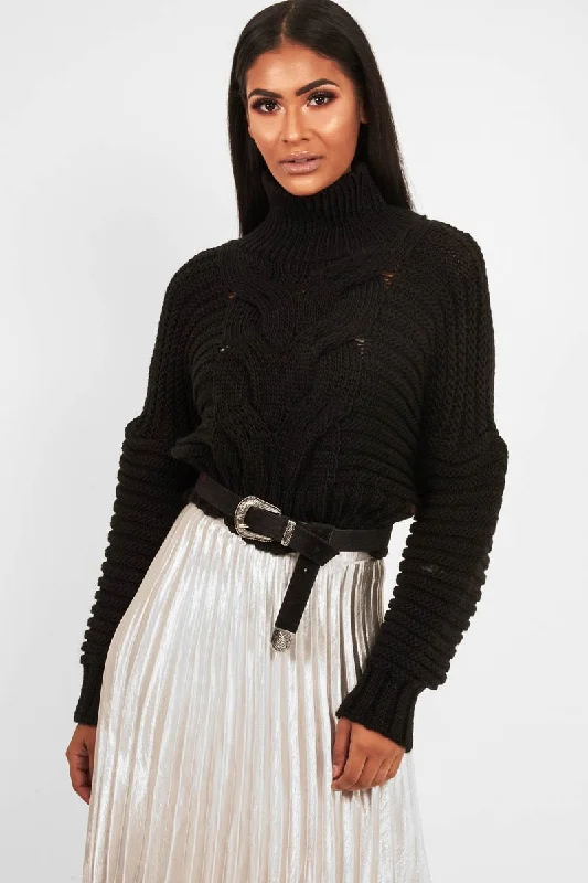 Overstock trendy pullover for womenBlack Cable Knit Sleeve Detail Jumper - Miyonna