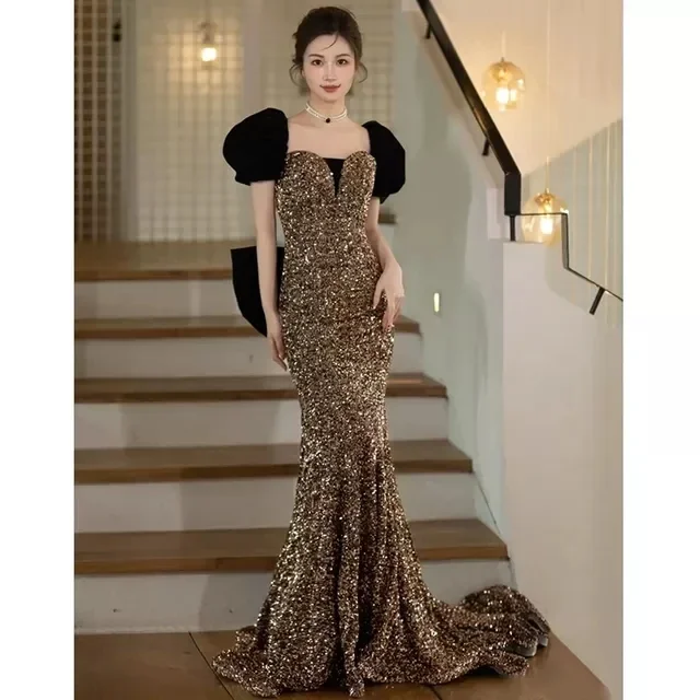 mini dressChampagne Mermaid Celebrity Dresses Puff Sleeves Luxury Vintage Floor Length Shiny Beading Velvet Cocktail Evening Gowns