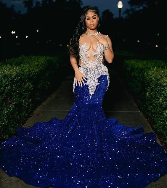 Special Savings ashionable dressRoyal Blue Sequins Mermaid Evening Dress With Sheer Neck Plus Size Formal Evening Occasion Gowns Y6358