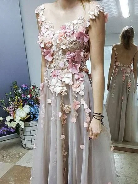 silk dressChic A-line Scoop Floral Prom Dress Floor Length Prom Dresses Applique Evening Dresses  S15604