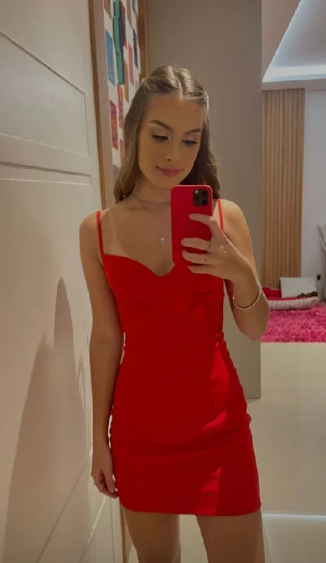 Final Markdown playful dressCute Red Spaghetti Straps Bodycon Dress,Red Homecoming Dress Y7166