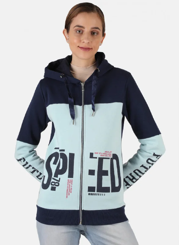 Midnight Sale slim fit workout hoodieWomen Blue Printed Sweatshirt