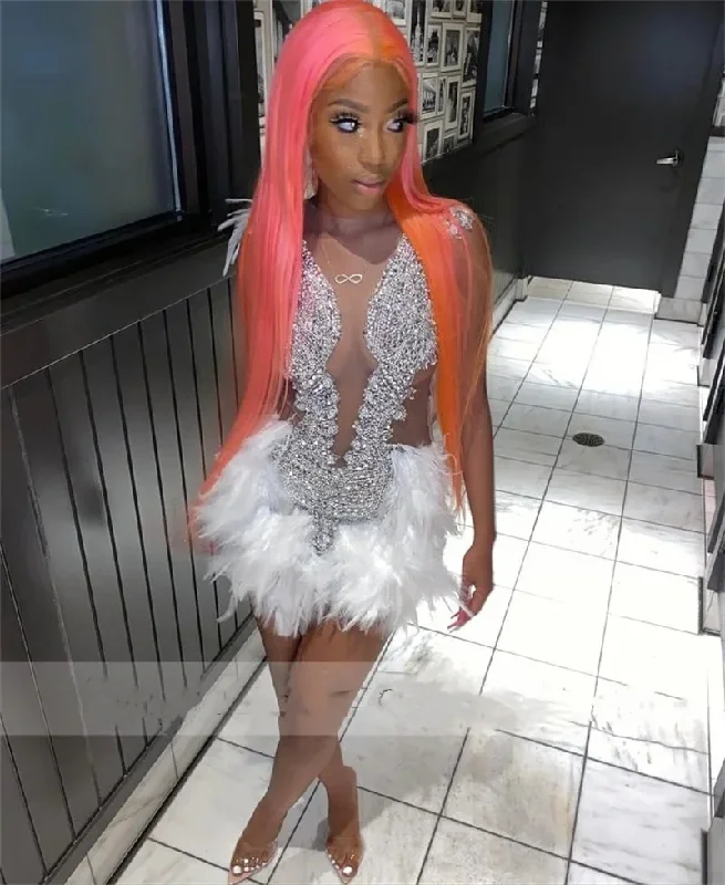 Can't Miss party-ready dressSexy Silver Short Prom Dress Glitter Crystals Rhinestone Beading White Feathers Graduation Birthday Cocktail Party