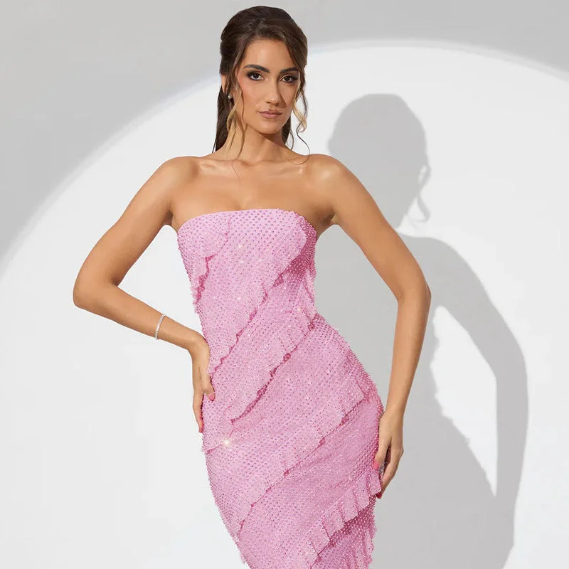 Deal Zone evening dressFashion Temperamental Tassels Edge Tube Top Dress Women